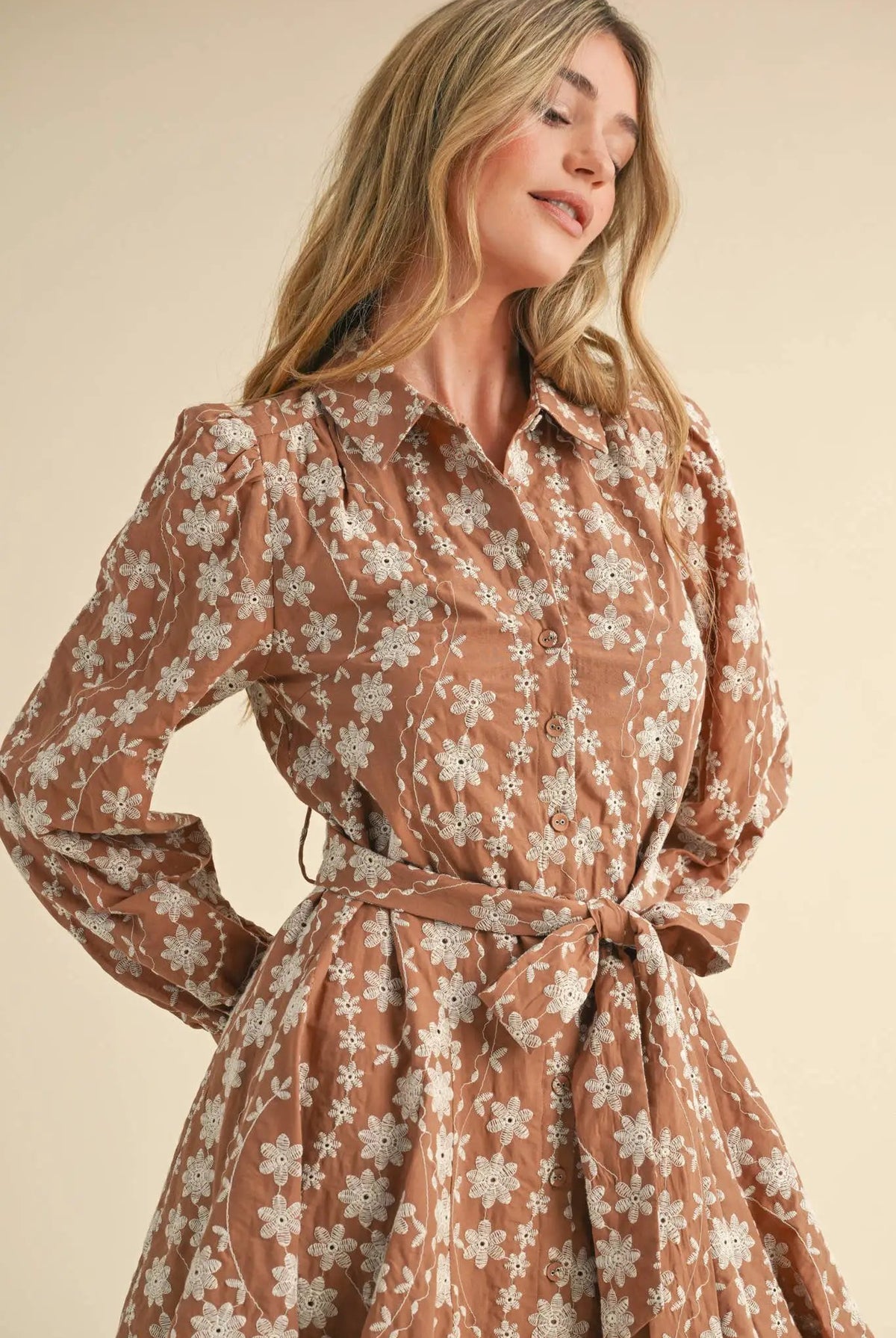&MERCI &merci - Intricate Floral Embroidery Button Down Flared Mini Dress in Dark Amber - Dresses