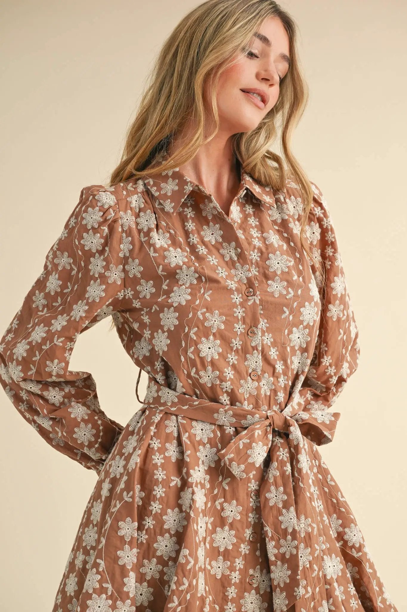 &MERCI &merci - Intricate Floral Embroidery Button Down Flared Mini Dress in Dark Amber - Dresses
