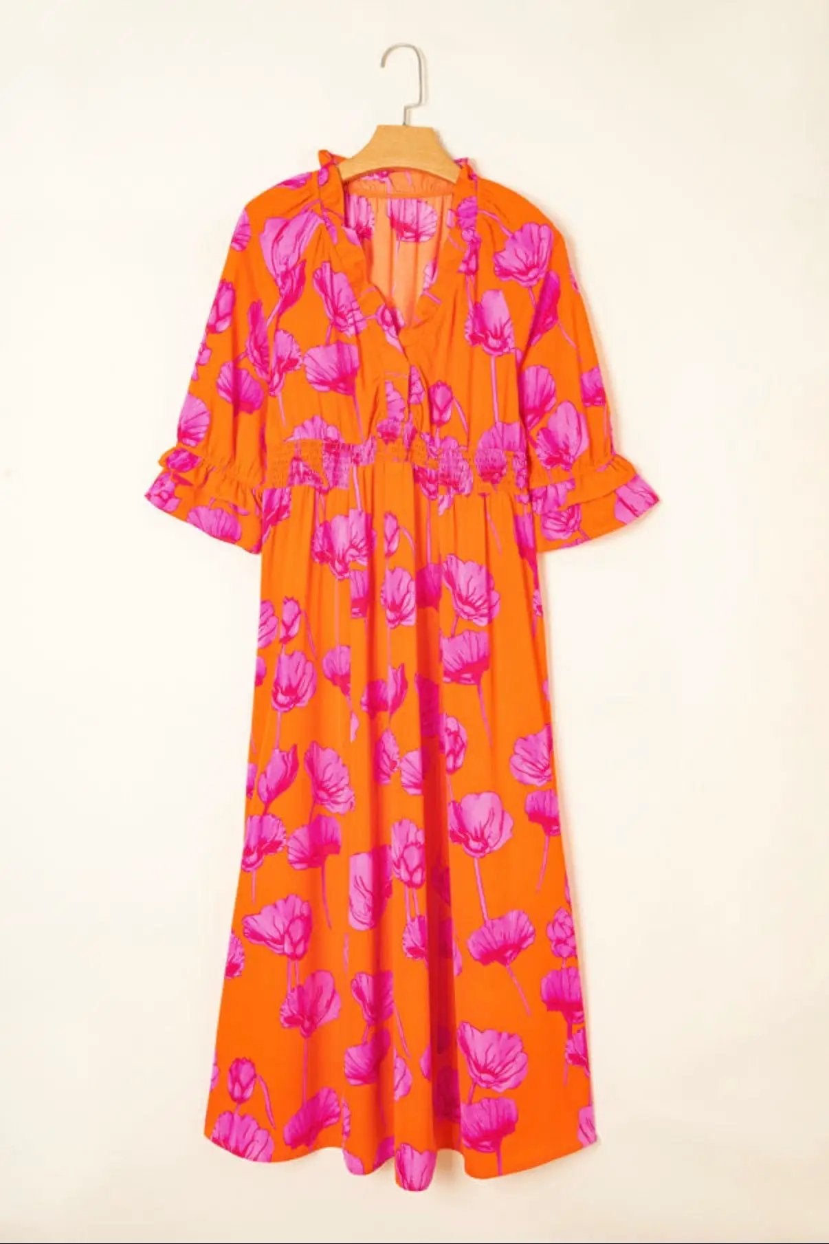 Grateful Threads Boutique Orange Floral Print Frilly Smocked V Neck 3/4 Sleeve Long Dress - Dresses Orange Floral Print Frilly Smocked V Neck 3/4 Sleeve Long Dress