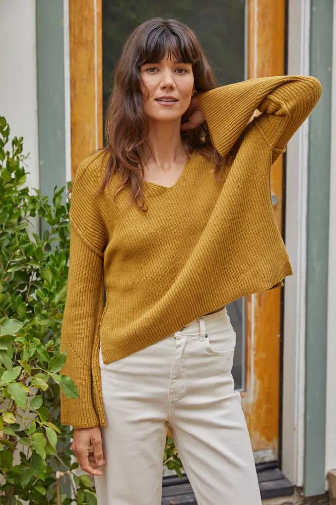By Together Gold Bernadette Sweater - Sweaters golden mustard Knit V-Neck Long Sleeve Drop Shoulder Side Slit Loose Fit Sweater Top