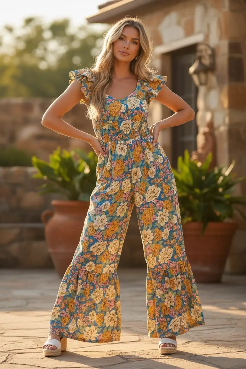 Grateful Threads Boutique The Golden Bloom Flutter Sleeve Jumpsuit - One-Pieces Yellow Floral Allover Print Shirred Cut Out High Waist Jumpsuit