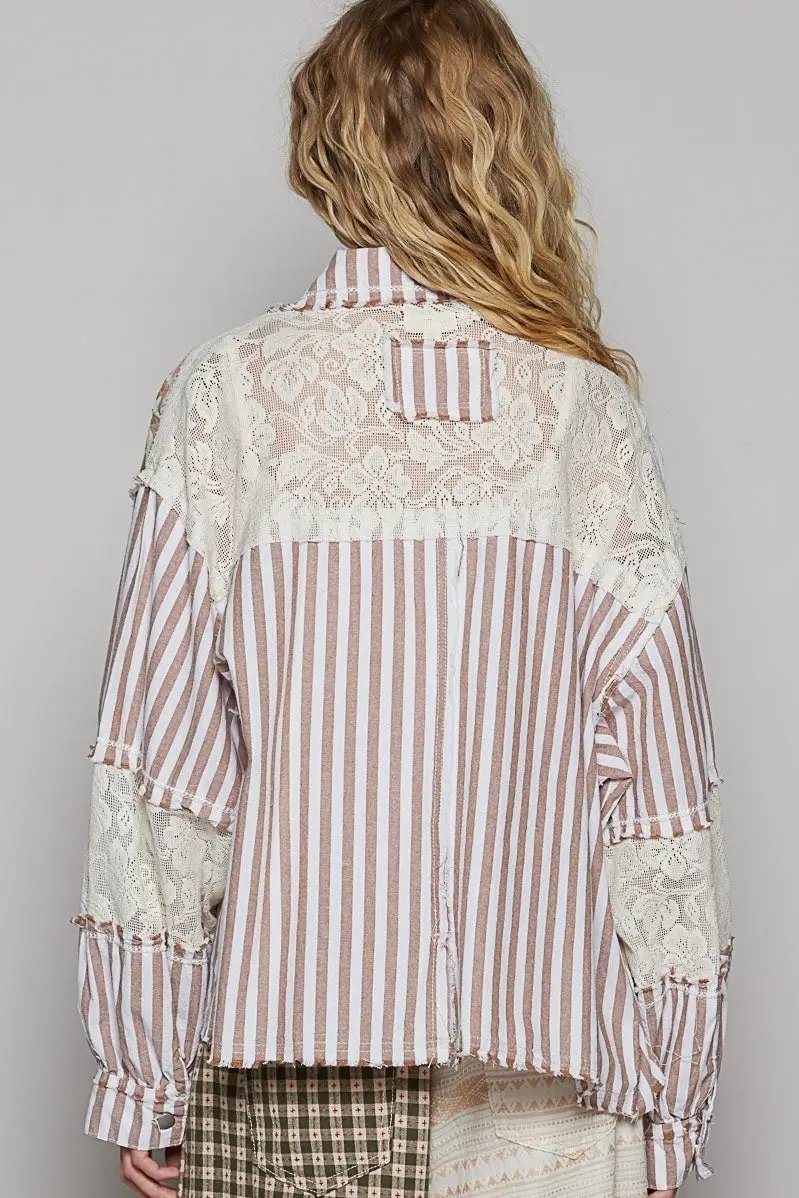 POL The Crochet Patchwork Striped Button-Up Top - Blouses