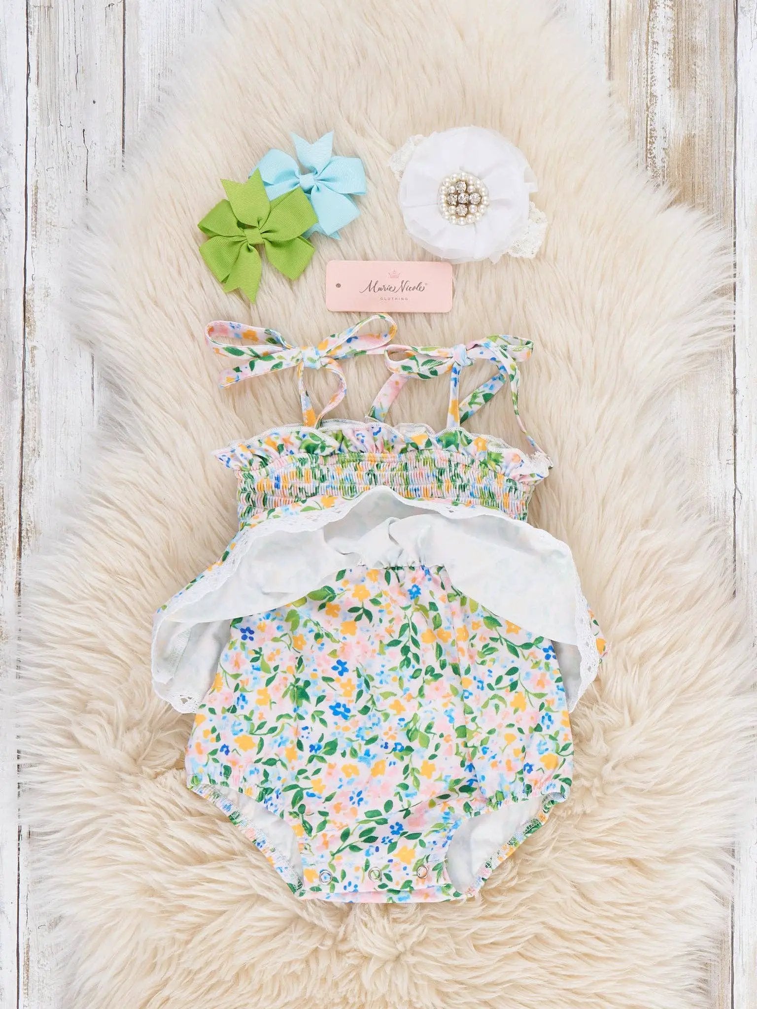 Marie Nicole Clothing Marie Nicole Clothing - Flowerfield Twirl Smocked Ruffle Bubble - BABY - Baby One-Pieces