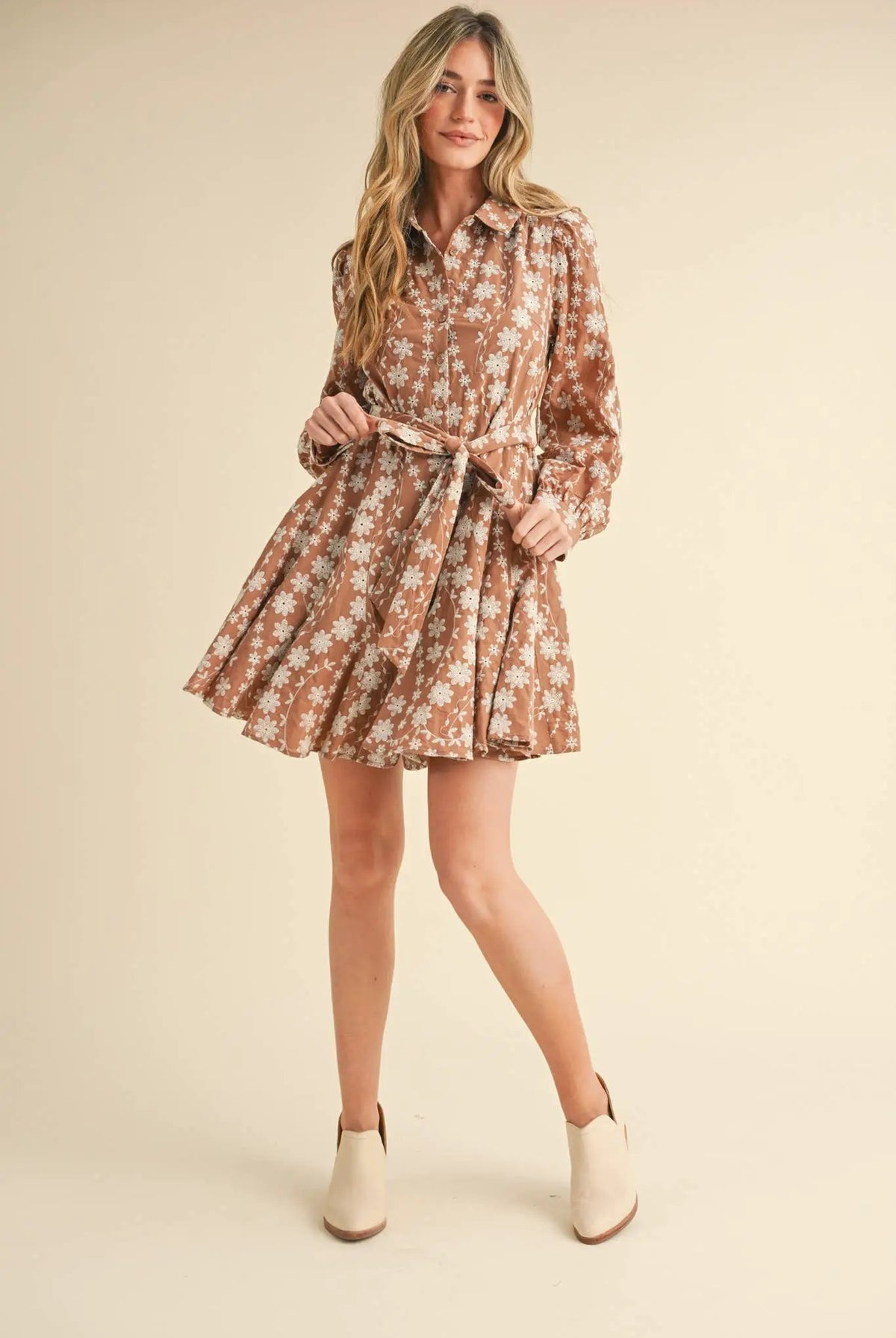 &MERCI &merci - Intricate Floral Embroidery Button Down Flared Mini Dress in Dark Amber - Dresses