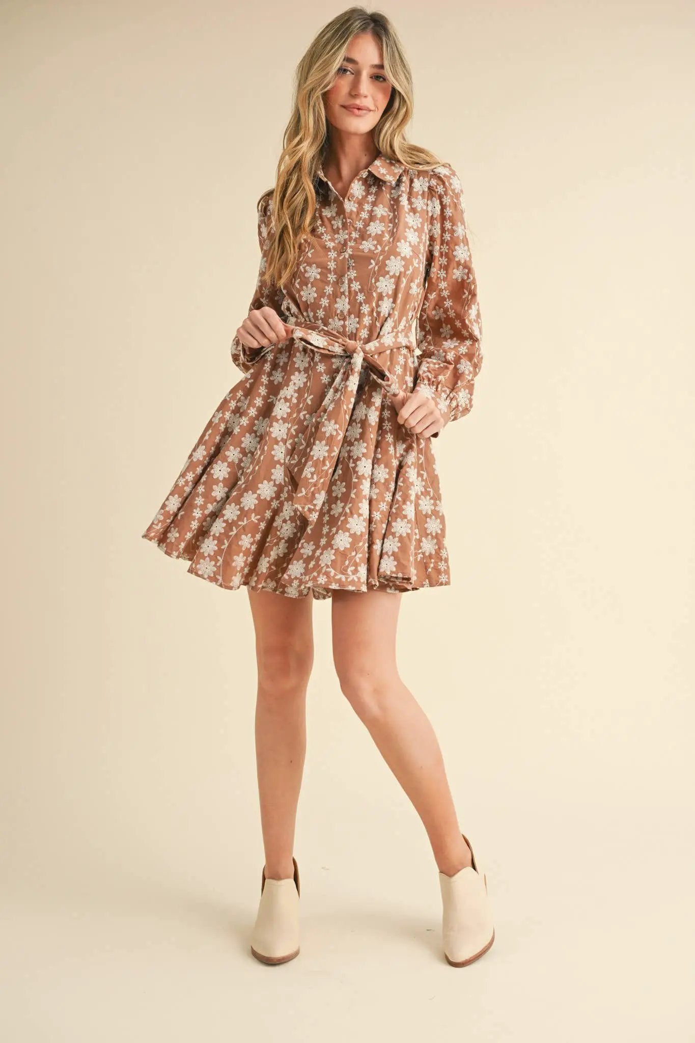 &MERCI &merci - Intricate Floral Embroidery Button Down Flared Mini Dress in Dark Amber - Dresses