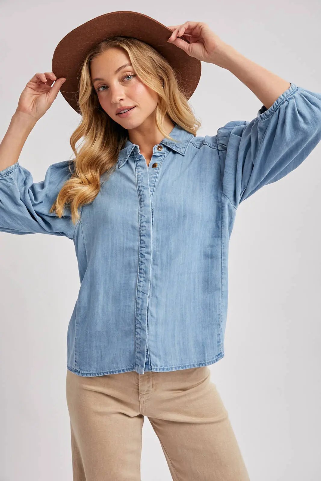 Bluivy The Chambray Ballon Sleeve Button-Up - Blouses