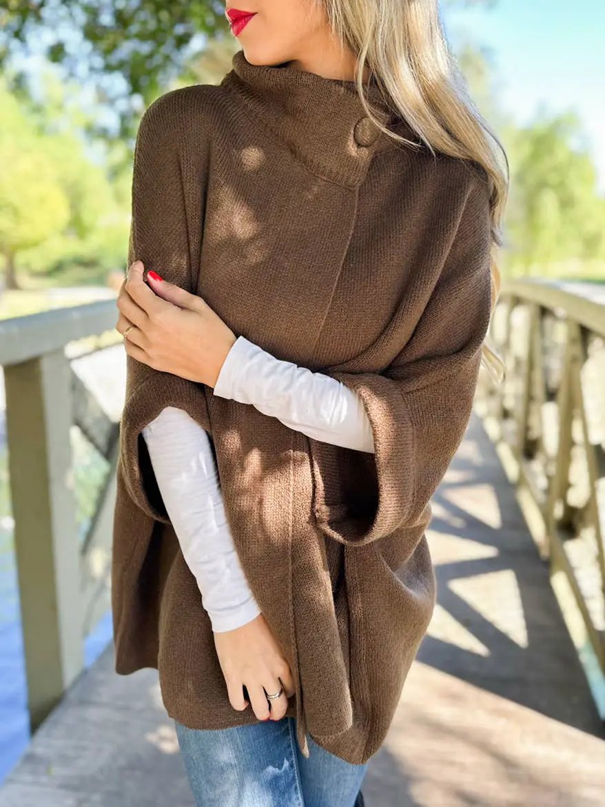 AMOLI AMOLI - Brown Solid Knitted Cardigan with Neck Button - Cardigans