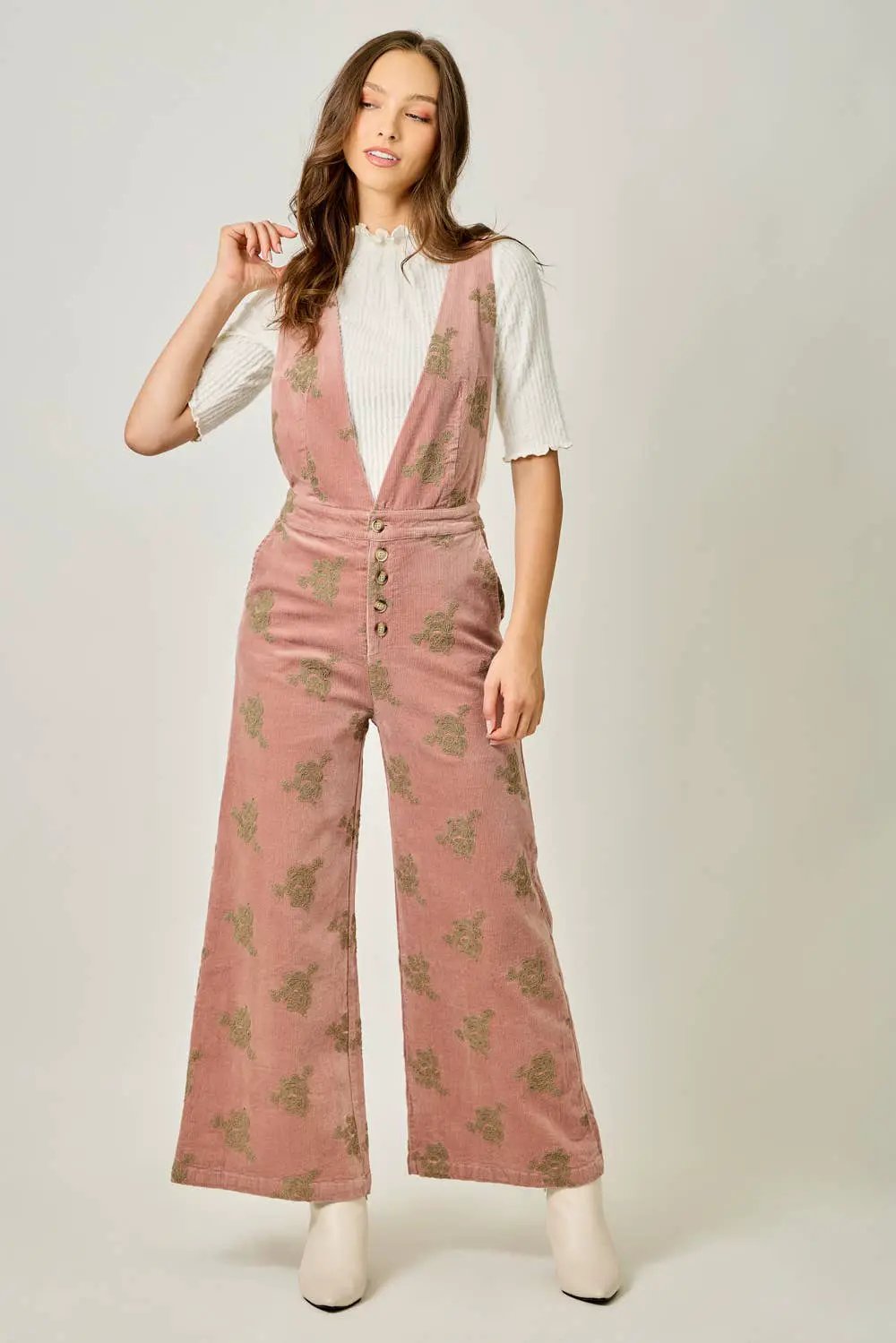 Mystree The Blushing Beauty Embroidered Corduroy Jumpsuit - One-Pieces
