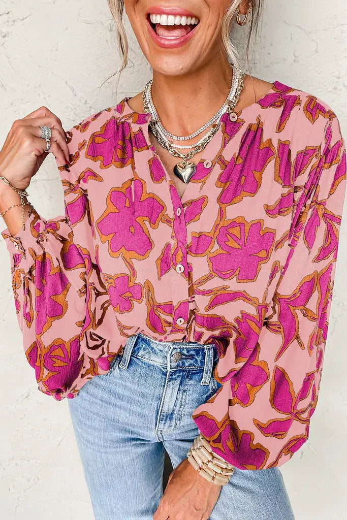 Grateful Threads Boutique Pink & Orange Floral Batwing Sleeve Button-Up Loose Fit Blouse - Blouses pink floral batwing sleeve blouse