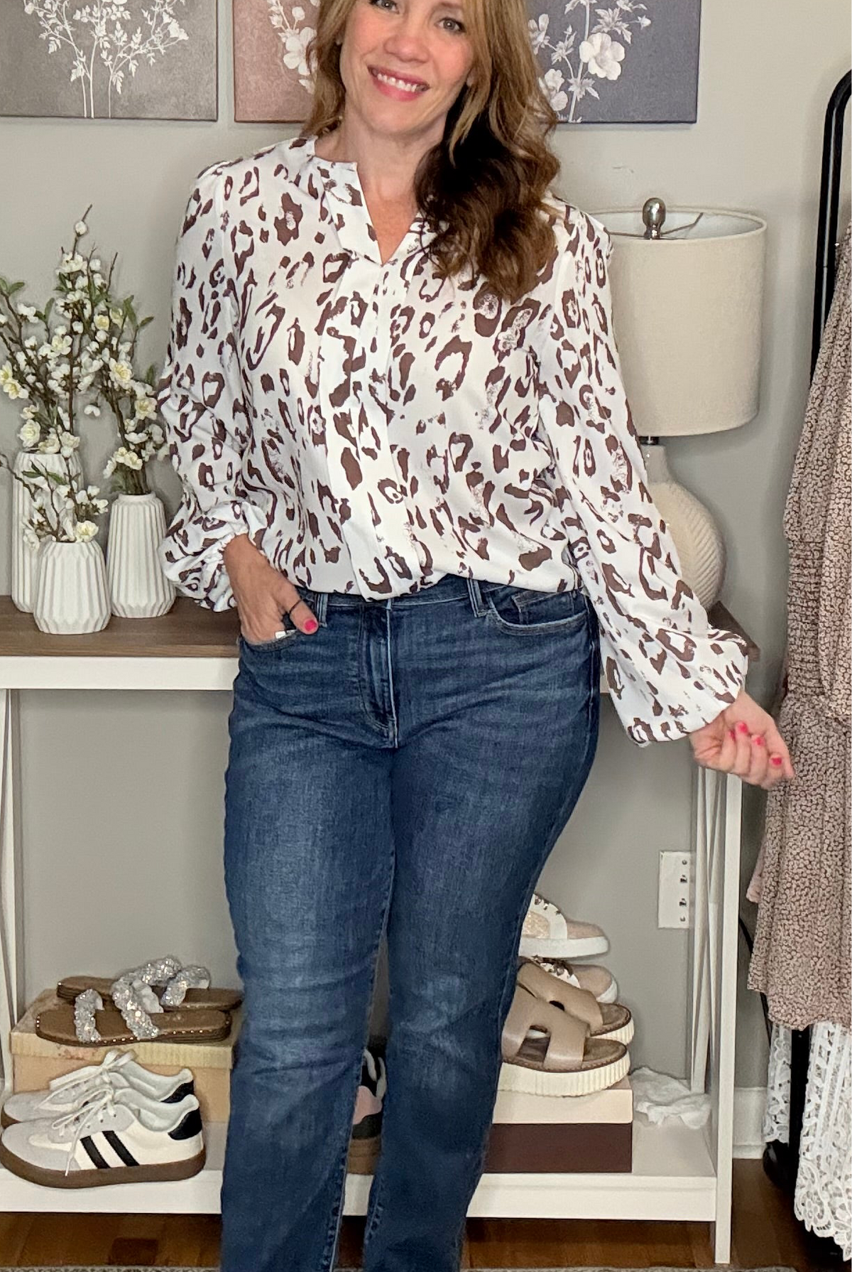 Grateful Threads Boutique Khaki Leopard Print Split Neck Balloon Sleeve Blouse - Blouses Leopard Print Balloon Sleeve Blouse