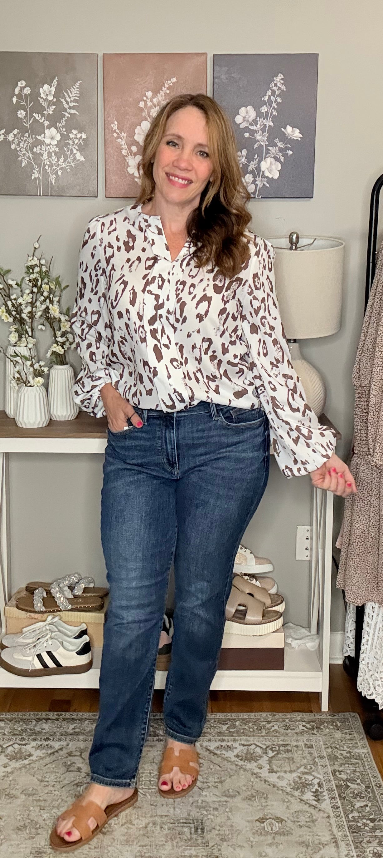 Grateful Threads Boutique Khaki Leopard Print Split Neck Balloon Sleeve Blouse - Blouses Leopard Print Balloon Sleeve Blouse