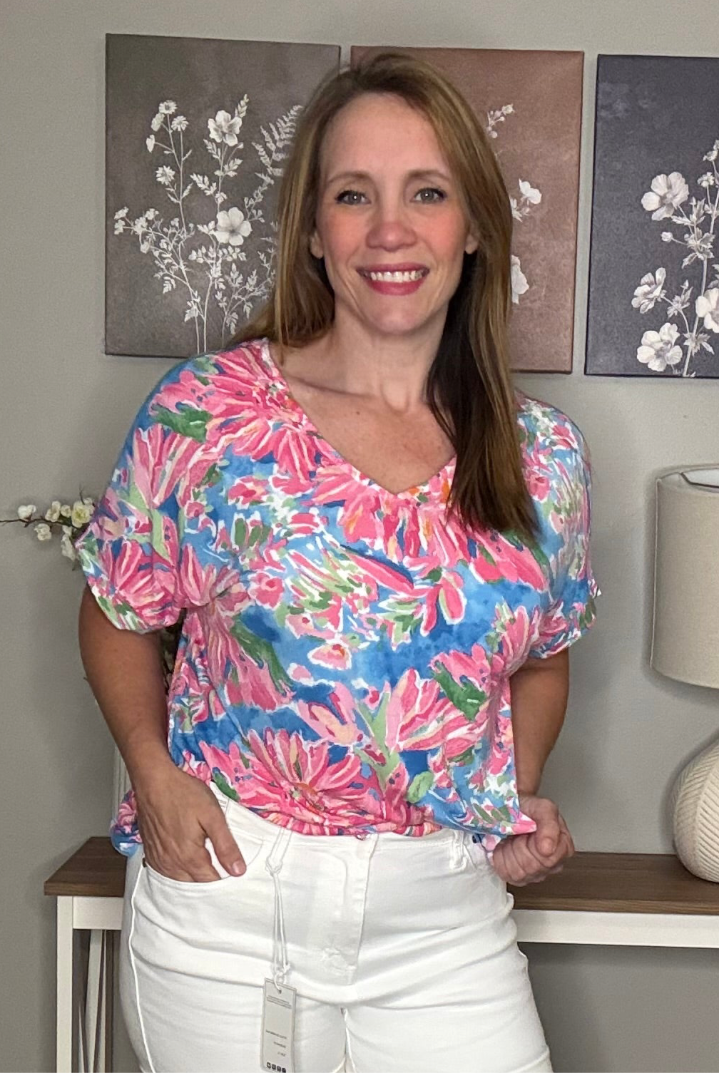 Grateful Threads Boutique Pink Floral Print V Neck T Shirt - T-Shirts Pink Floral T Shirt