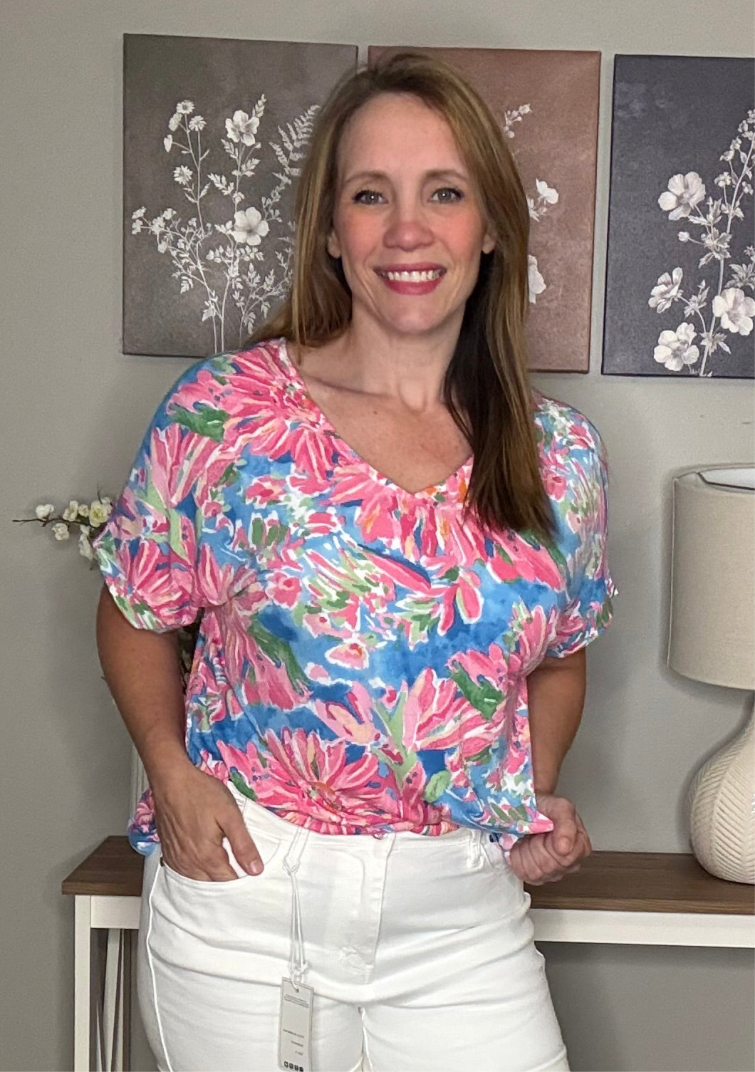 Grateful Threads Boutique Pink Floral Print V Neck T Shirt - T-Shirts Pink Floral T Shirt