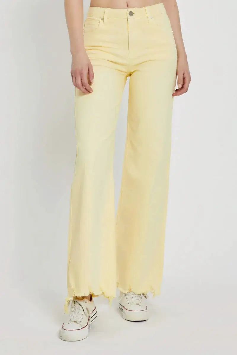 RISEN The High Rise Wide Leg Frayed Hem Jeans: Pale Yellow - Jeans