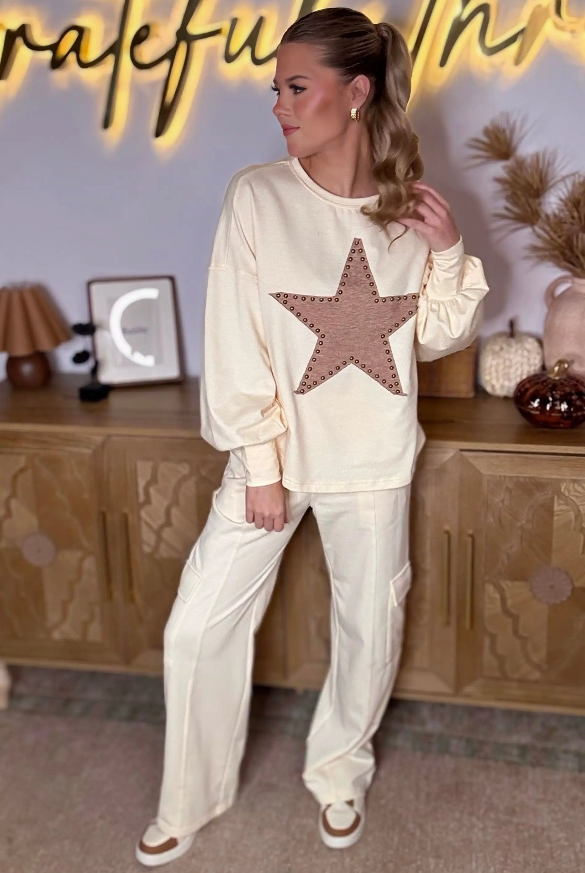 Grateful Threads Boutique Apricot Studded Graphic Long Sleeve Top - Clothing Tops studded star graphic top