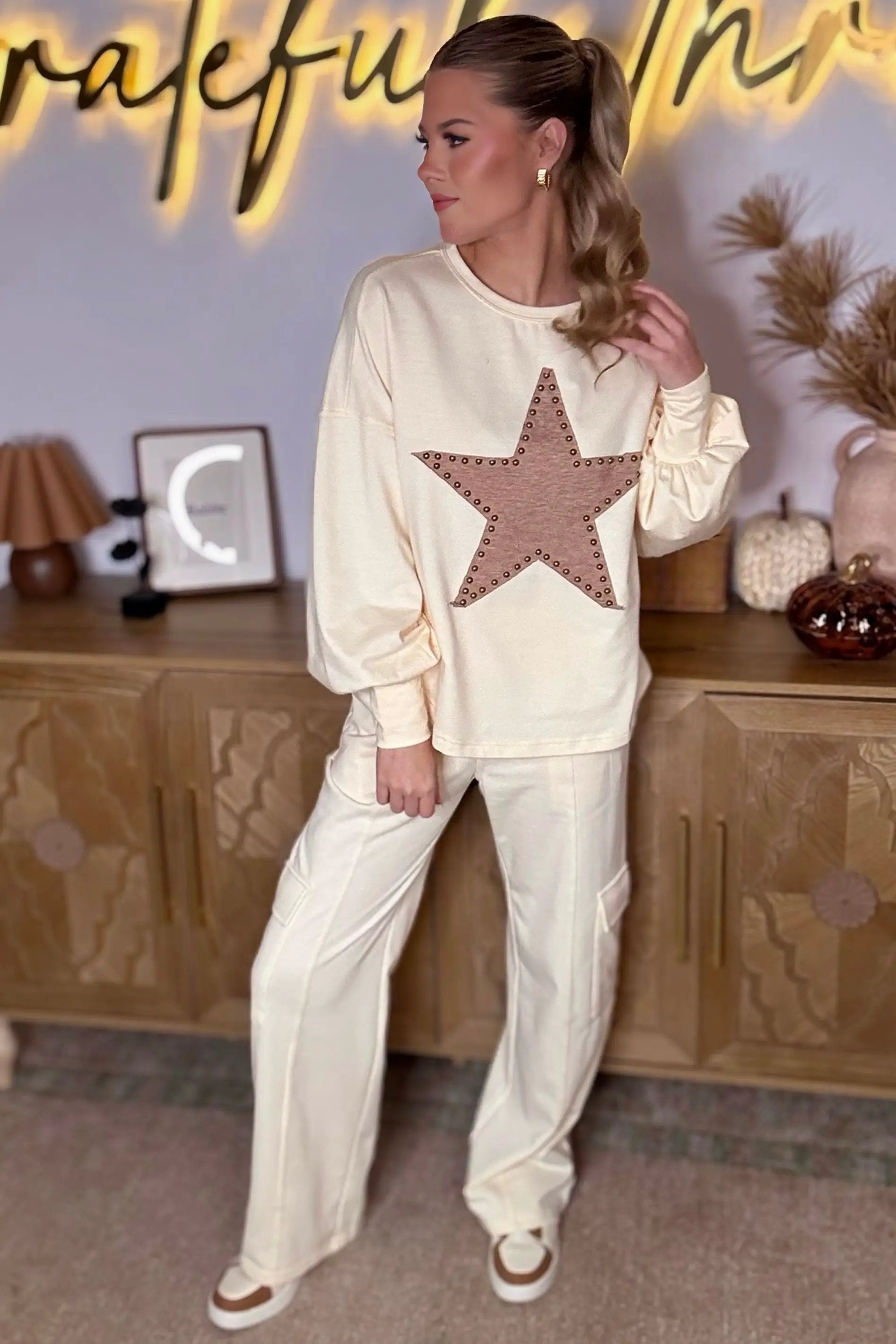 Grateful Threads Boutique Apricot Studded Graphic Long Sleeve Top - Clothing Tops studded star graphic top