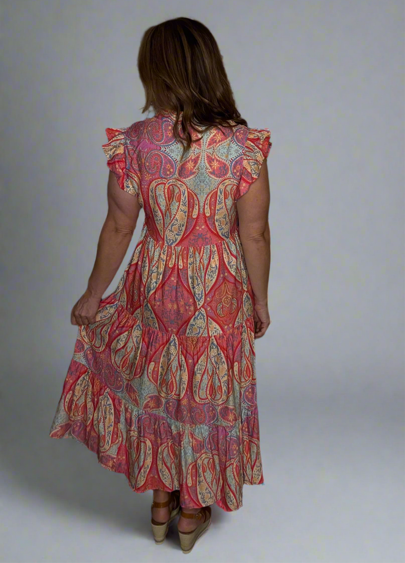 Grateful Threads Boutique Rose Tribal Paisley Print Ruffled Sleeve Notch Neck Midi Dress - Dresses Rose Tribal Paisley Print Ruffled Sleeve Notch Neck Midi Dress