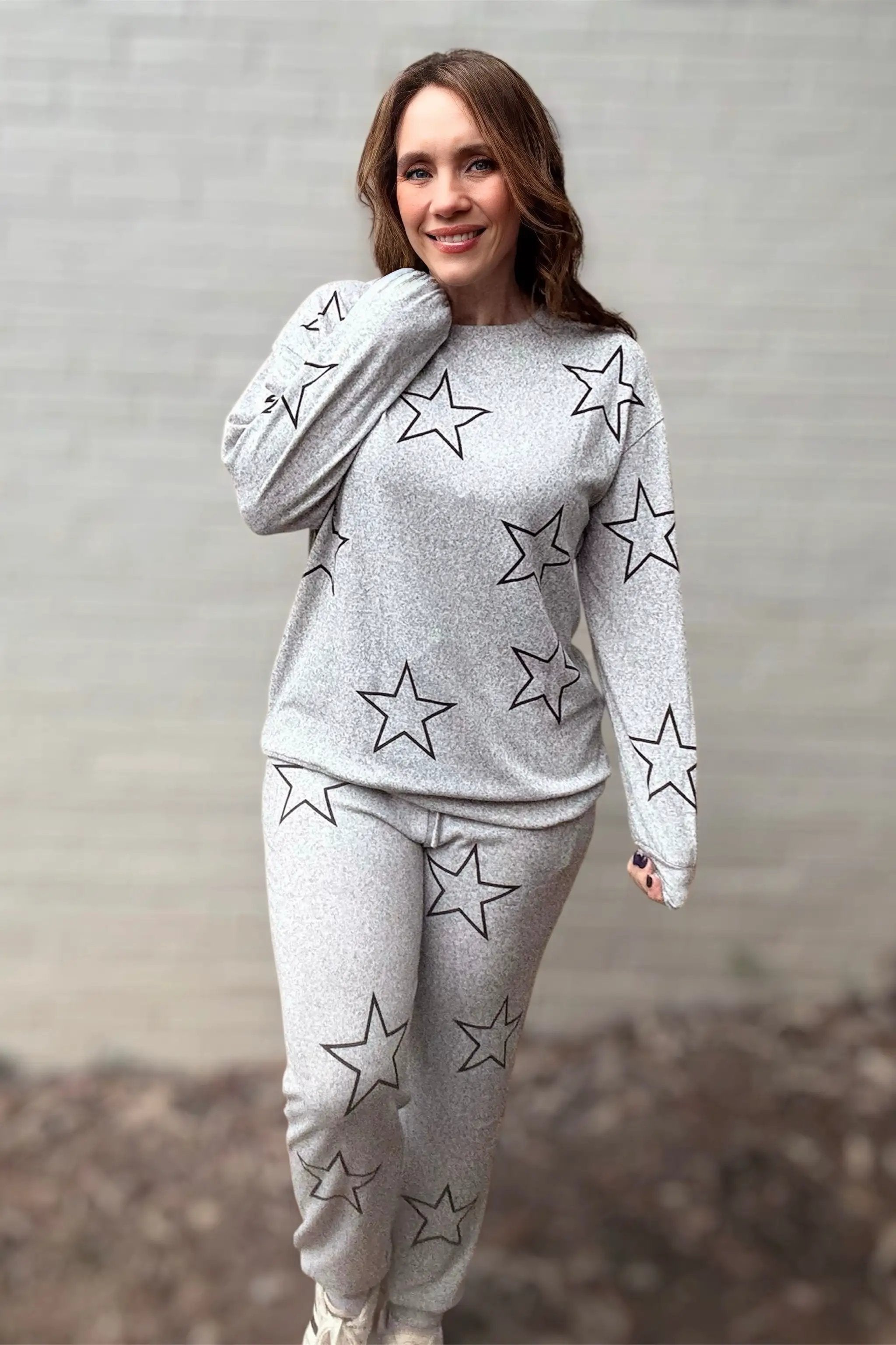 Grateful Threads Boutique Gray Stars Print Long Sleeve Drawstring High Waist Lounge Set - Loungewear