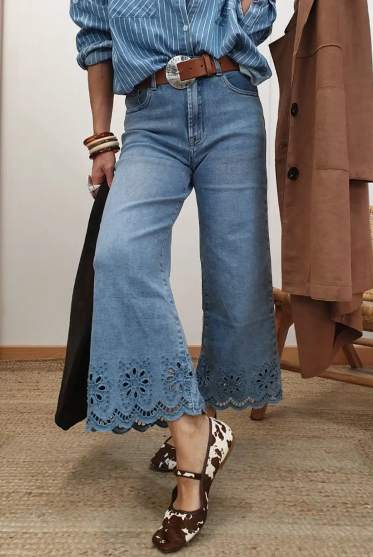Grateful Threads Boutique Dusk Blue Embroidered Cropped Wide Leg High Waist Jeans - Jeans