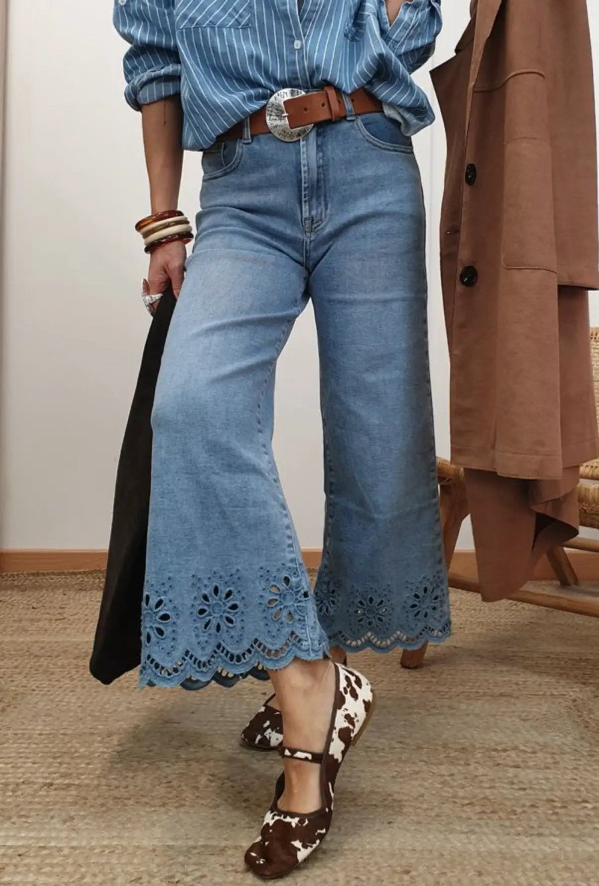 Grateful Threads Boutique Dusk Blue Embroidered Cropped Wide Leg High Waist Jeans - Jeans