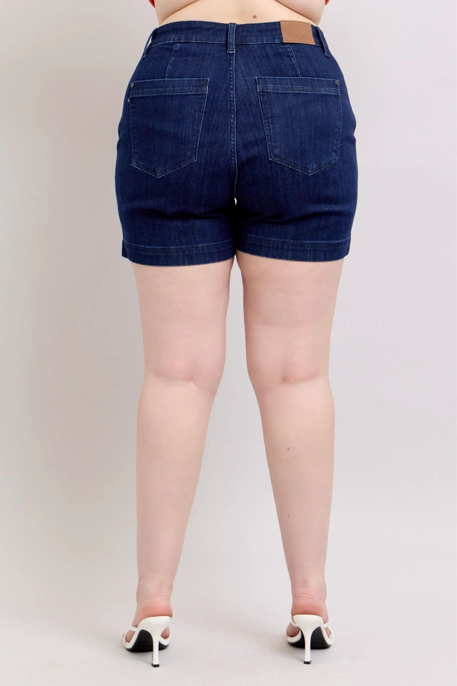 Judy Blue The High Waist Tummy Control Dark Denim Trouser Shorts: CURVY - Shorts