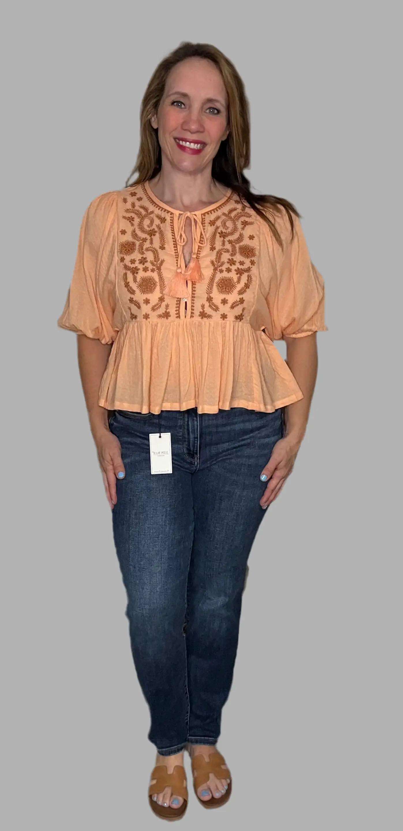 En Crème En Crème Coral & Rust Puff Sleeve Peplum Top with Embroidery Detail - Blouses Spring summer tops
