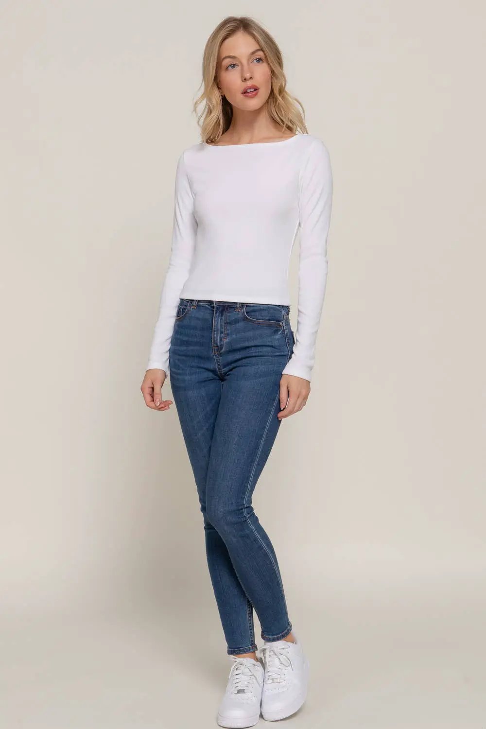 Active Basic | Active USA Active Basic | Active USA - Long Sleeve Boat Neck Brushed Rib Knit Top in Charcoal - Clothing Tops