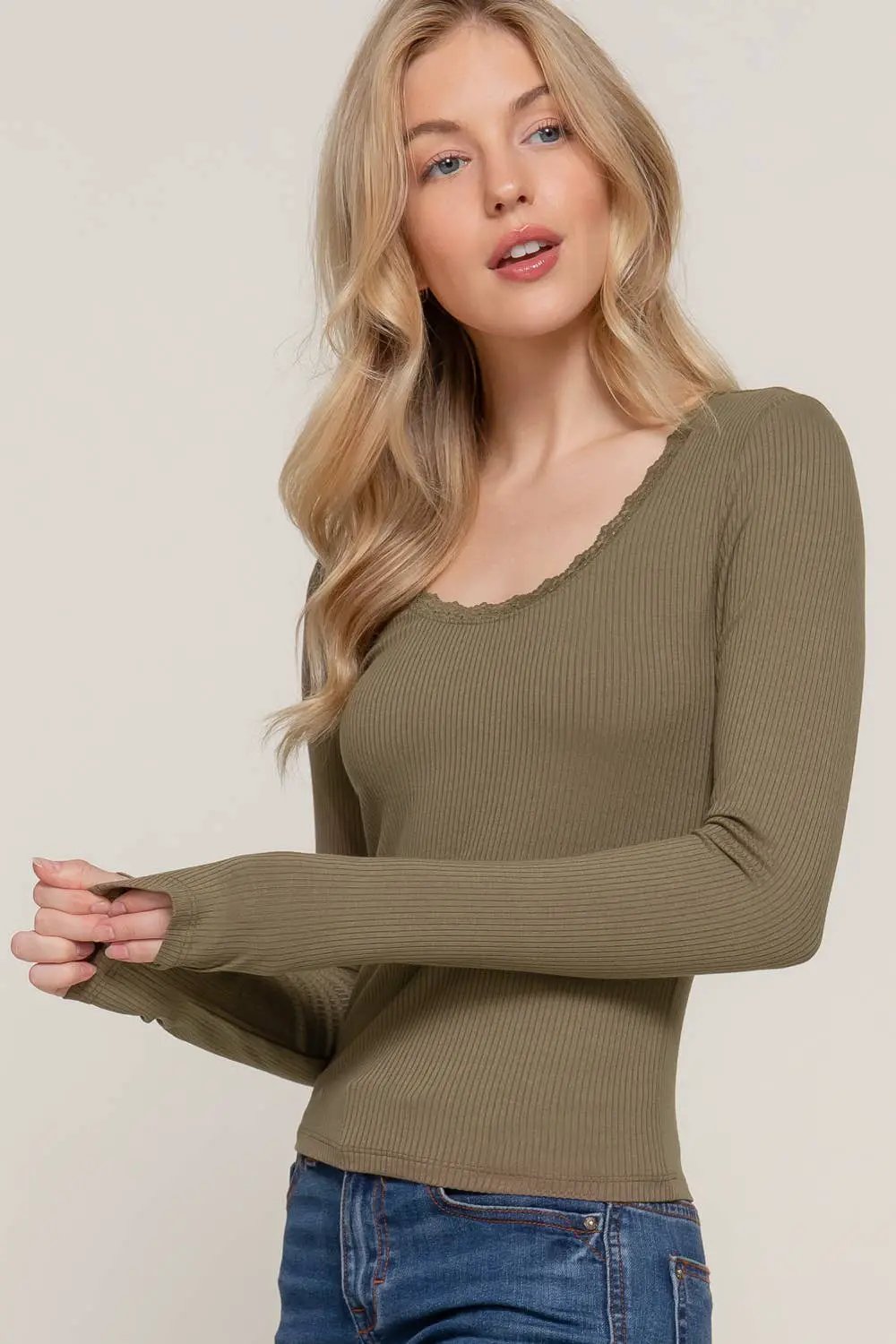 Active Basic | Active USA Active Basic | Active USA - Long Sleeve Scoop Neck with Lace Trim Rib Knit Top in Army Olive - Sweaters