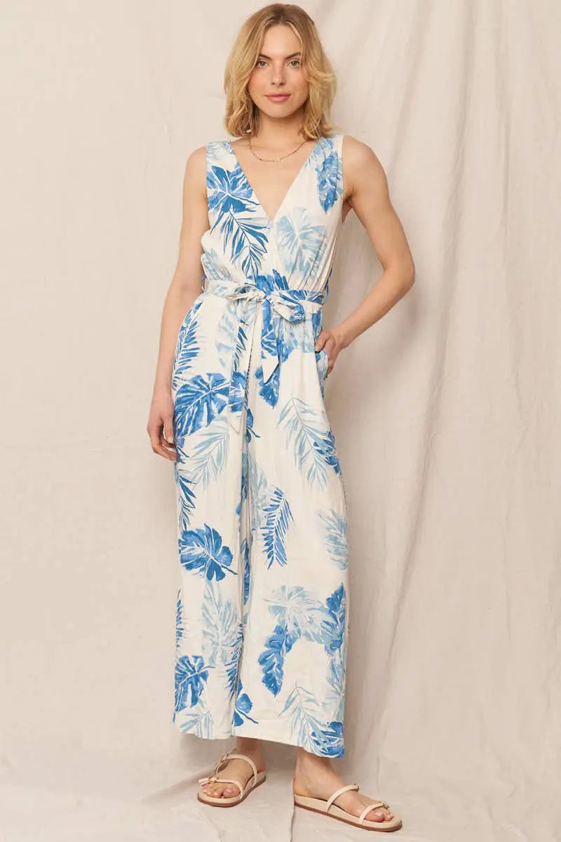 En Crème En Crème Sleeveless Tropical Print Jumpsuit with Belt - One-Pieces sleeveless tropical print jumpsuit
