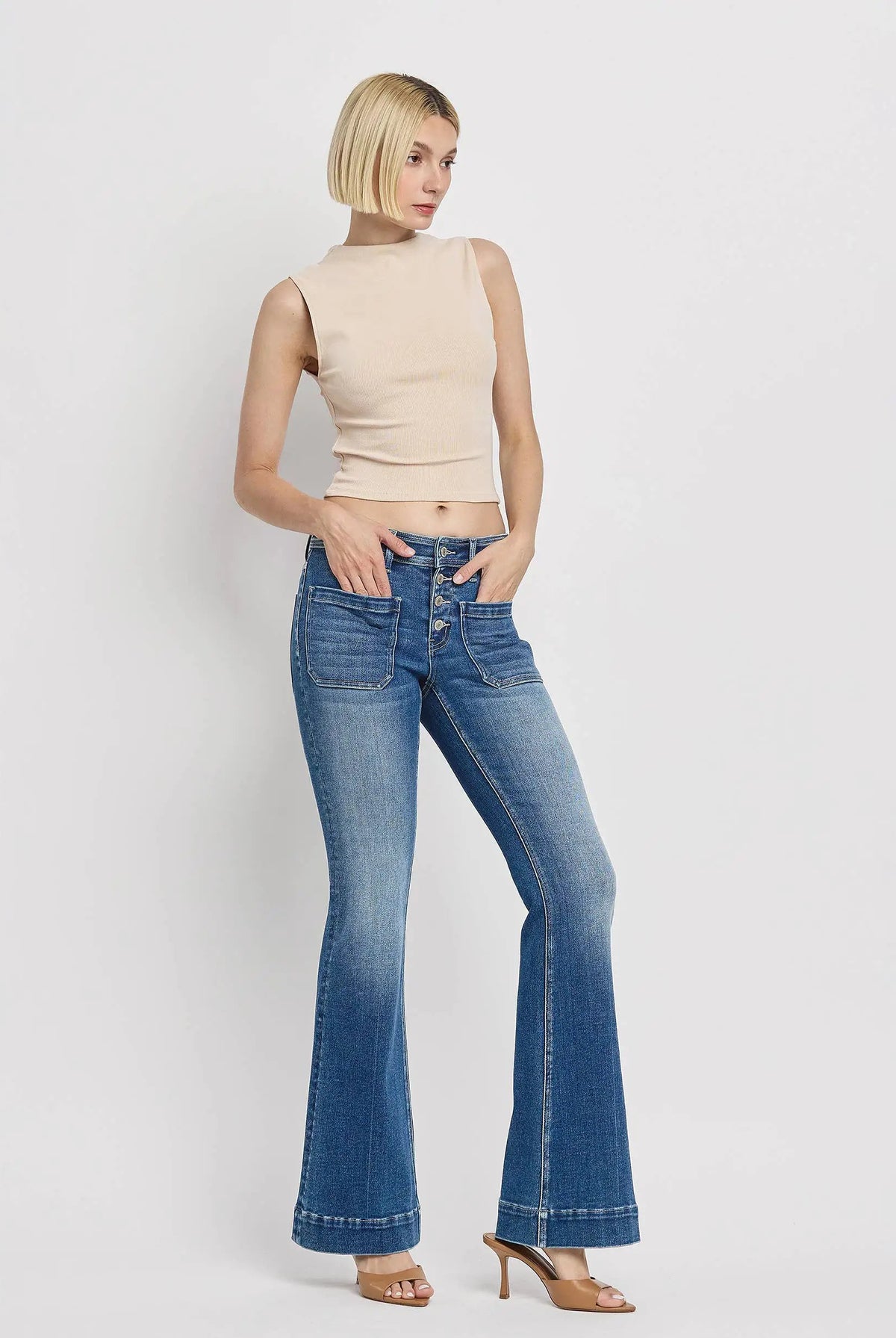 Vervet Alison mid-rise flare jeans with button fly and trouser hem in Gleefully blue