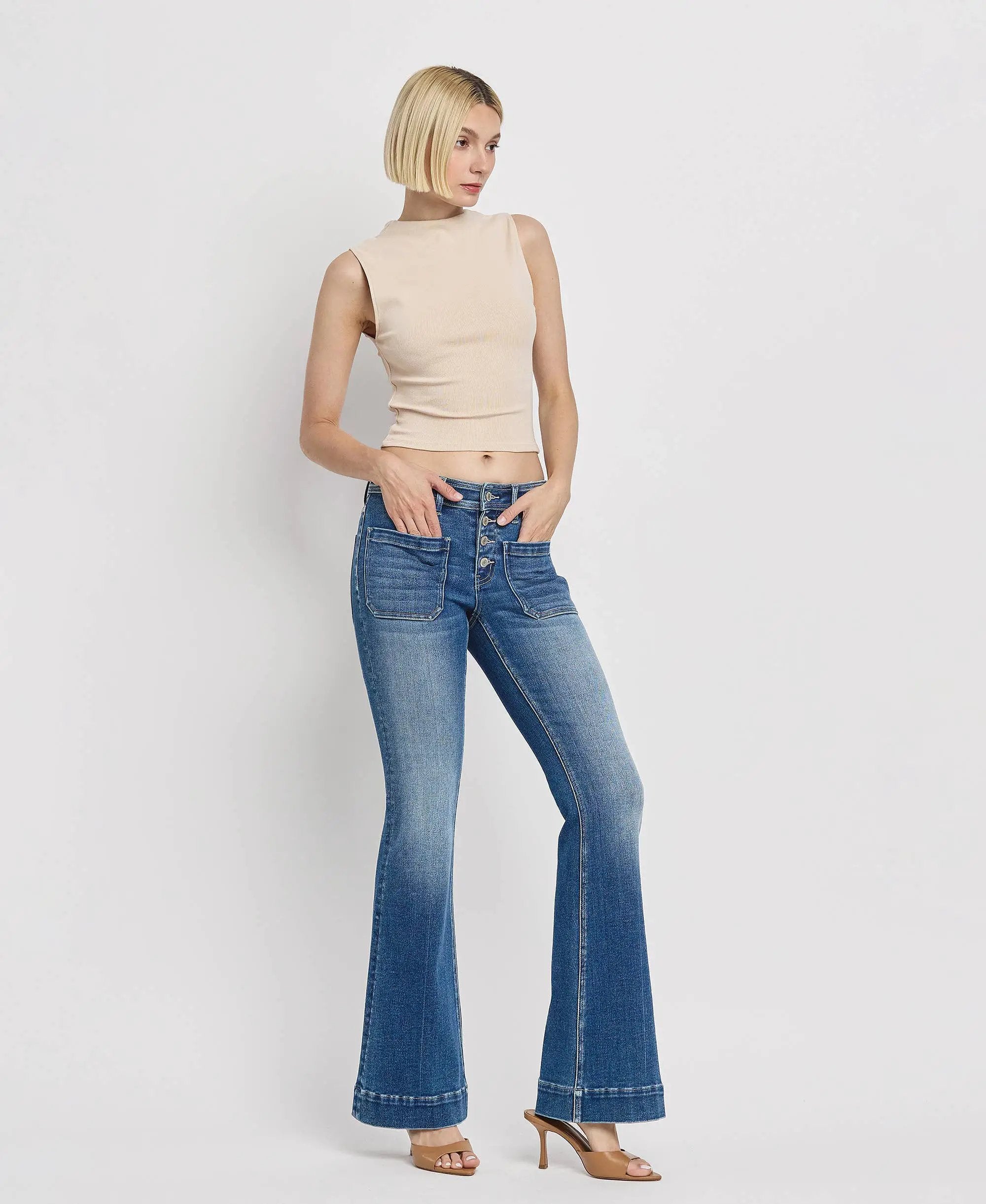 VERVET by FLYING MONKEY Mid Rise Trouser Hem Flare Jeans - Jeans
