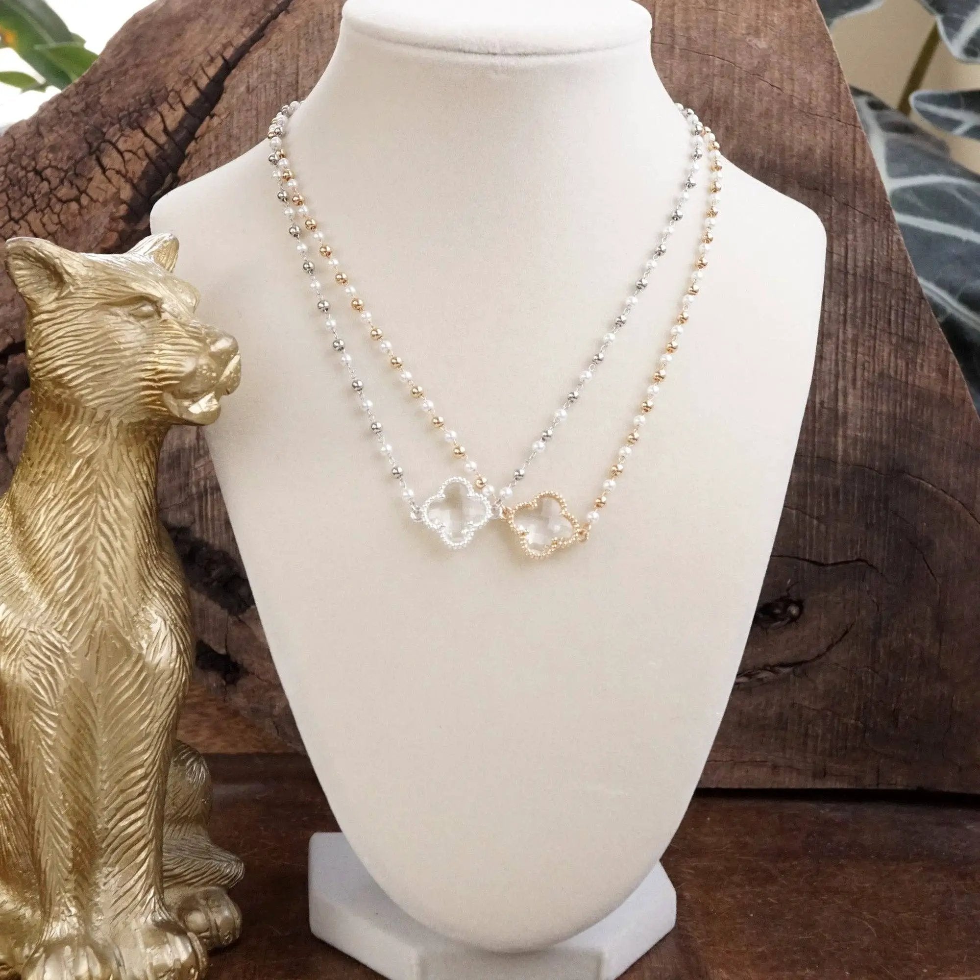 PennyLine inc The Pearled Clover Pendant Beaded Necklace: Silver - Necklaces