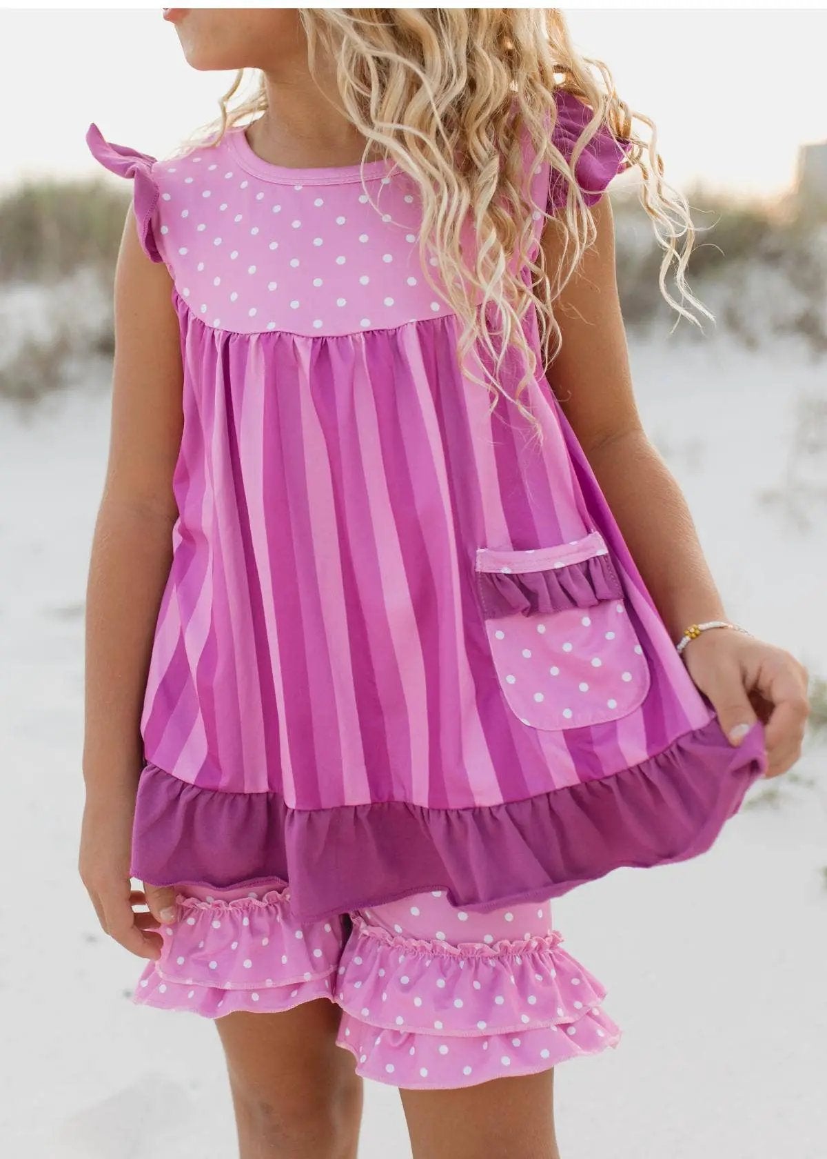 Adorable Sweetness Pink Purple Polka Dot Spring Ruffle Pocket Short Set - Uncategorized
