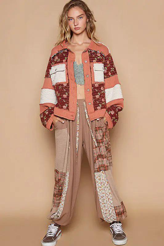 POL POL Quilted Patchwork Retro Floral Waffle Knit Frayed Raw Bohemian Button Jacket - Coats & Jackets