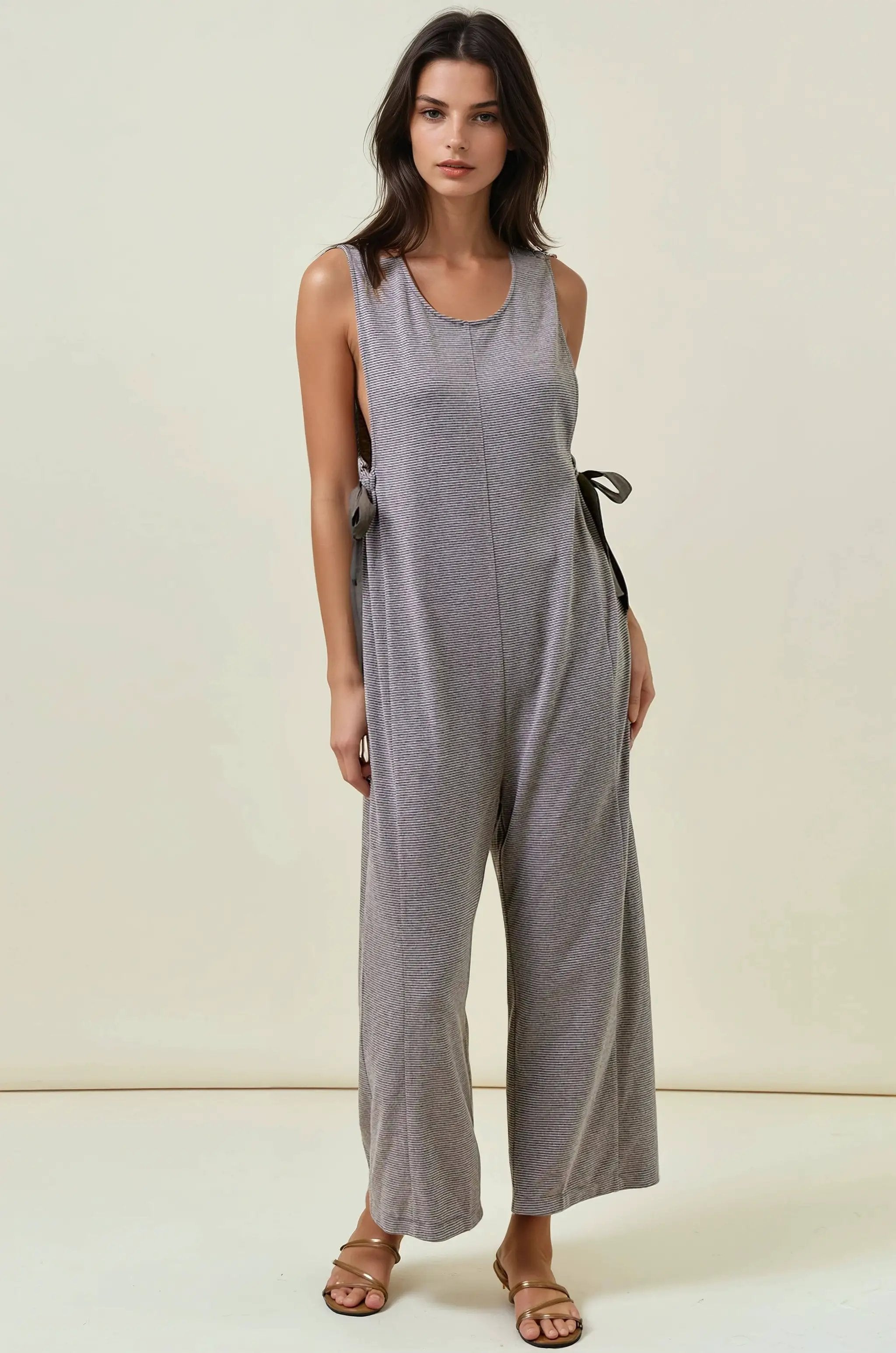 Doe and Rae The Driftwood Stripe Buttery Soft Ribbon Tie Jumpsuit - One-Pieces