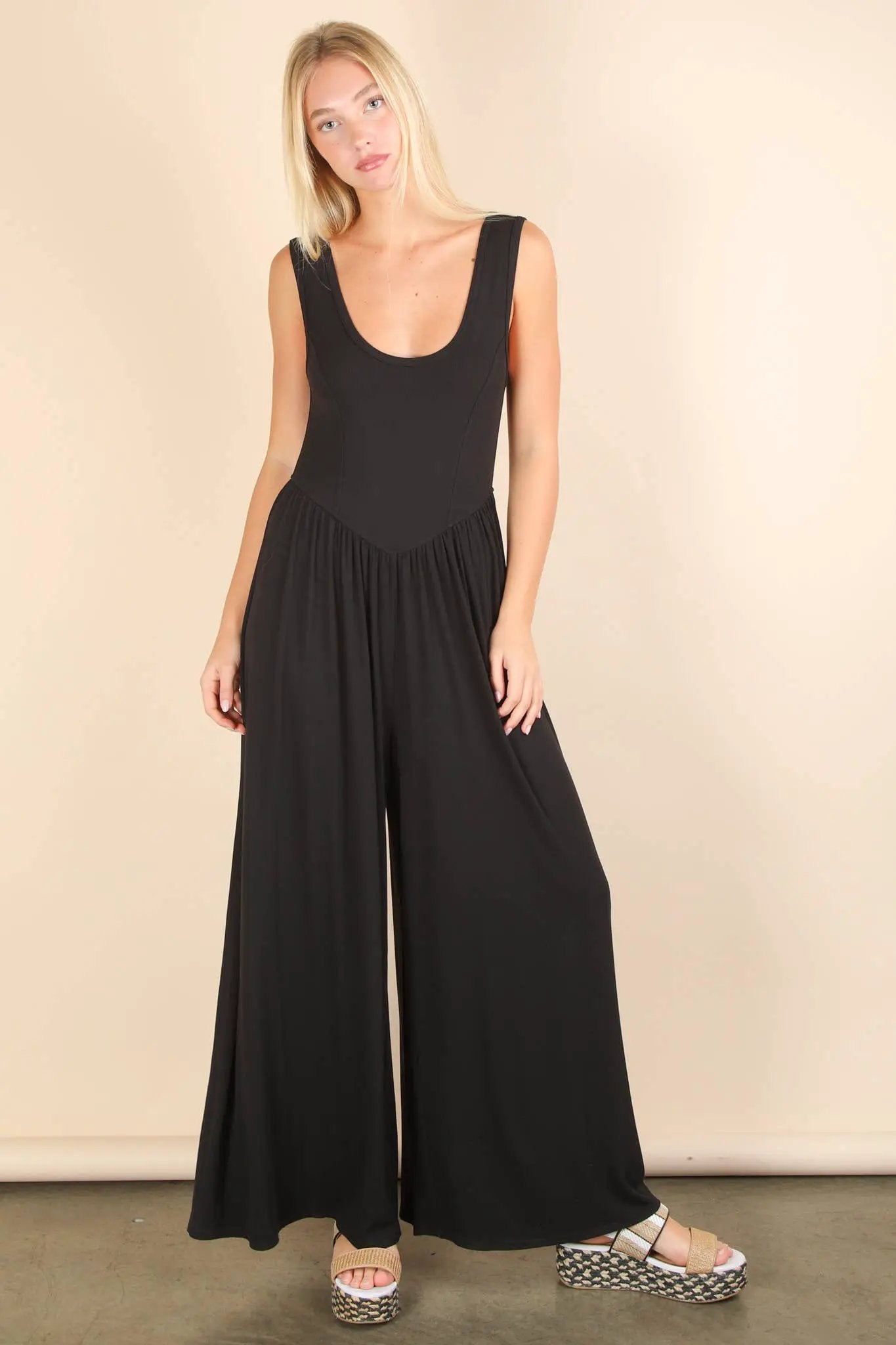 New In Black Casual Ribbed Knit Sleeveless Jumpsuit - One-Pieces