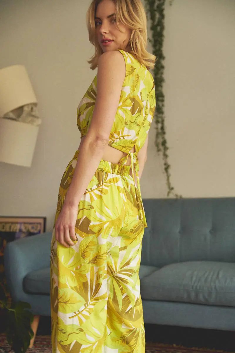 En Crème En Crème Multi Lime Printed Cropped Top and Wide Leg Pants Set - Outfit Sets crop top and wide leg pants set