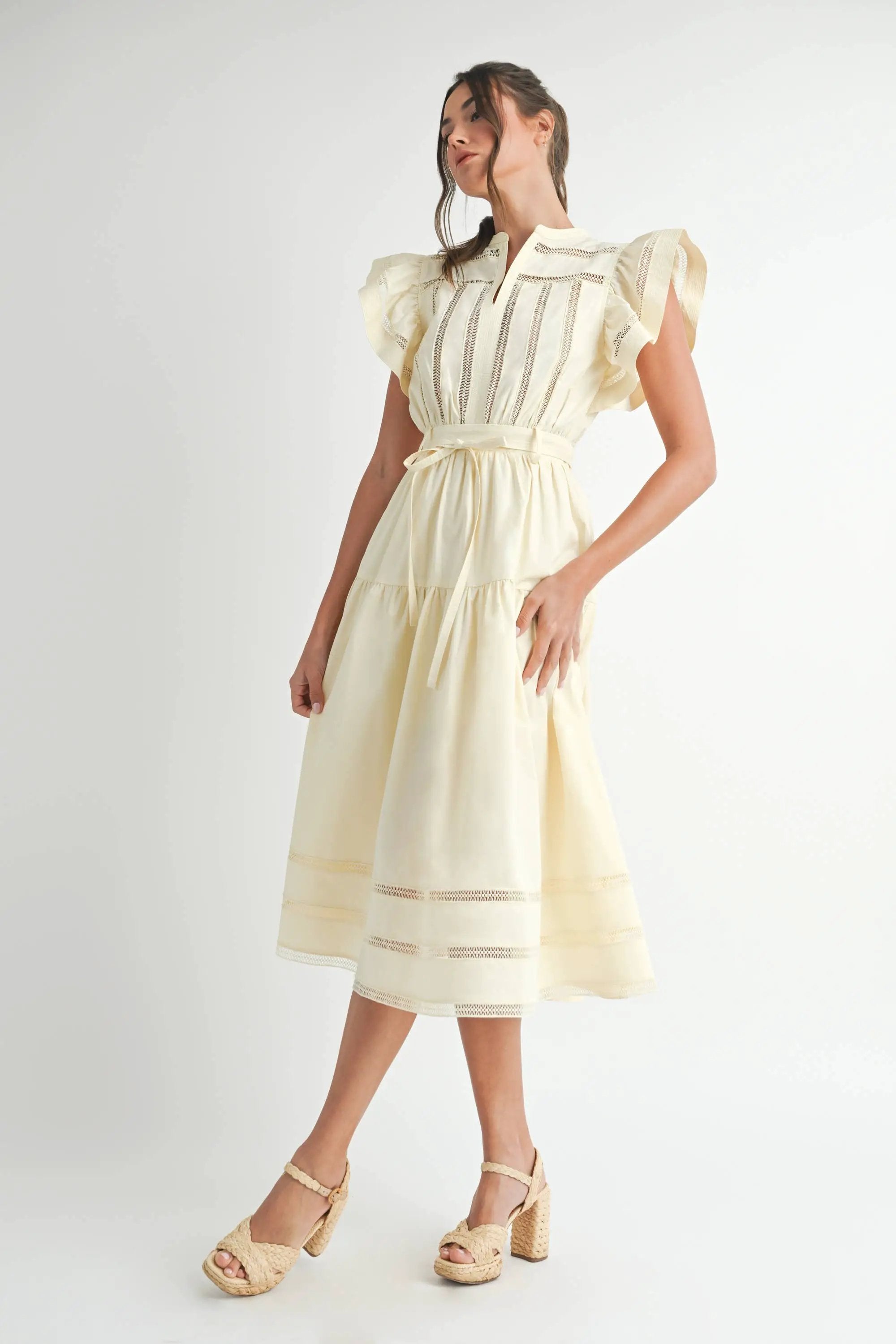Endless Blu Endless Blu Cream Short Sleeve Tiered Midi Dress - Dresses