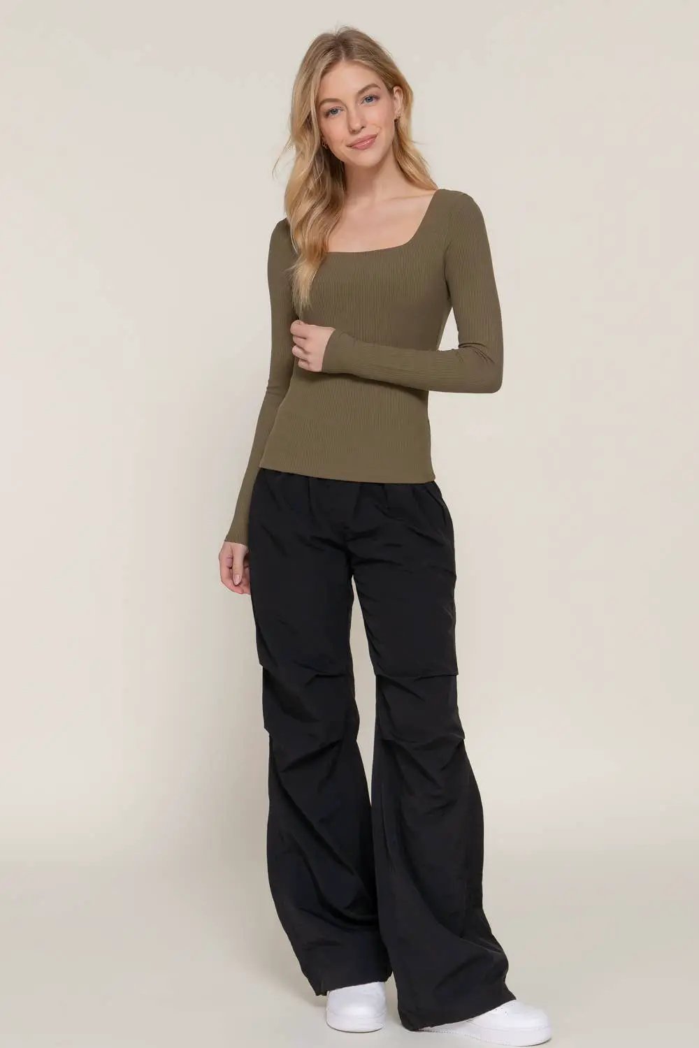 Active Basic | Active USA Olive You Square Neck Double Layered Ribbed Knit Top - Shirts