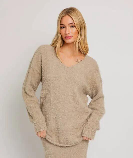 Le Lis Ballon Sleeve V-Neck Fuzzy Sweater - Matching Skirt Available - Sweaters