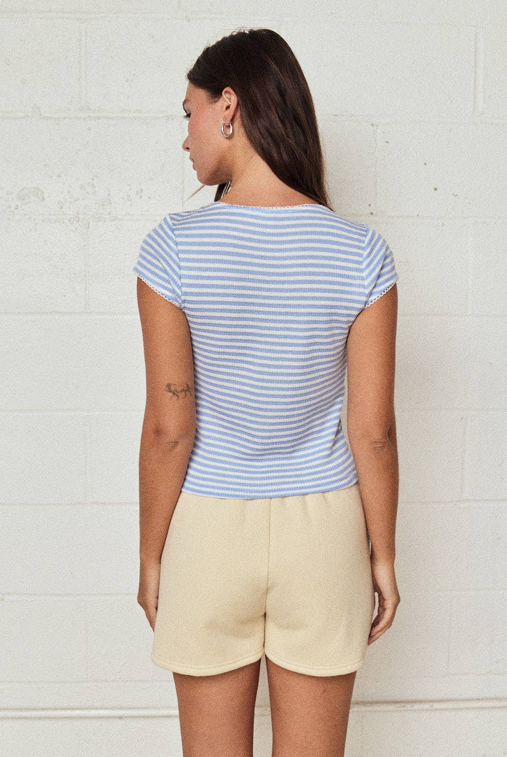 Papermoon Striped Ribbed Button Front Top: Blue/White - Clothing Tops