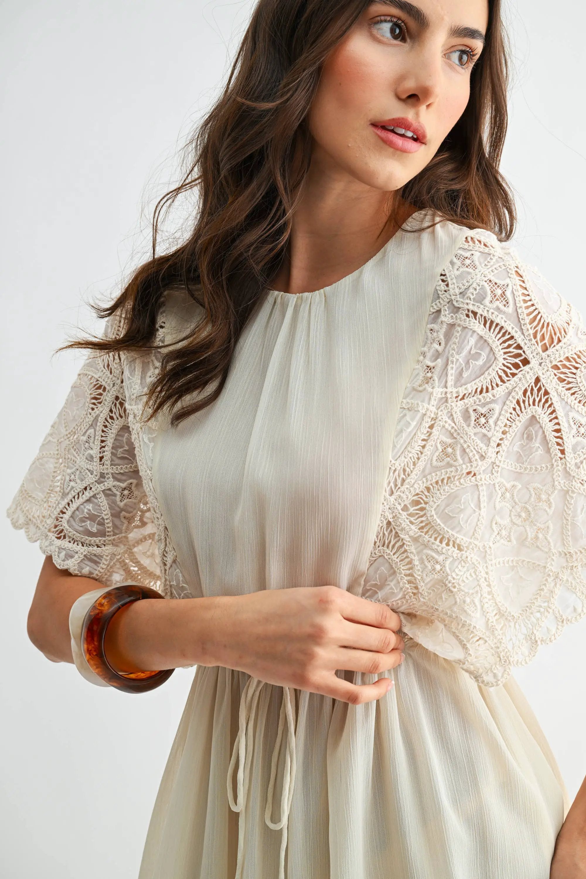 Camellia The Crochet Lace Short Sleeve Midi Dress: CREAM - Dresses