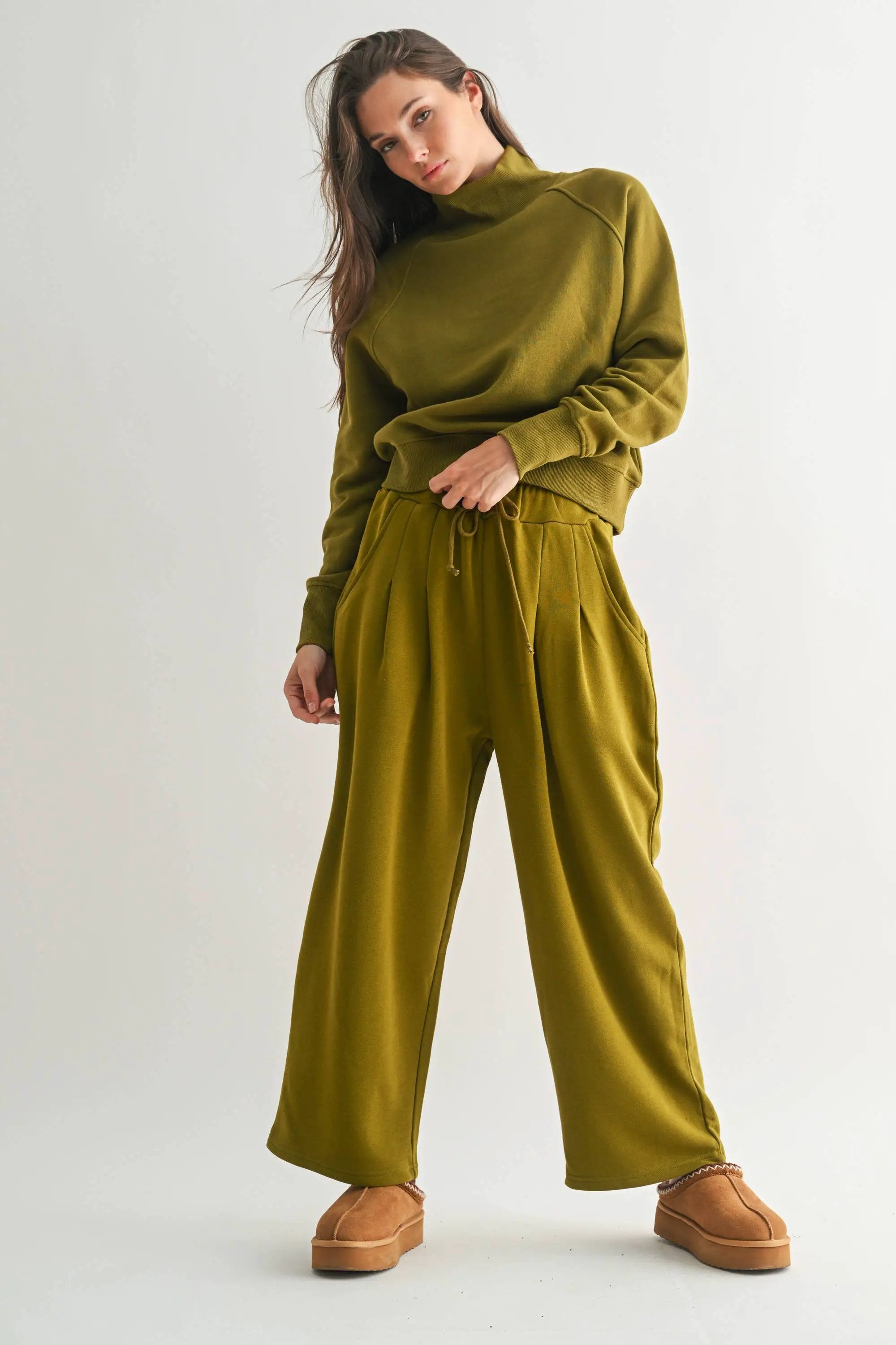 Mono B The Dune Drift Cotton Blend Wide Leg Pants in Camo Green - Trousers Mono B - Dune Drift Cotton Blend Wide Leg Pants: CAMO GREEN