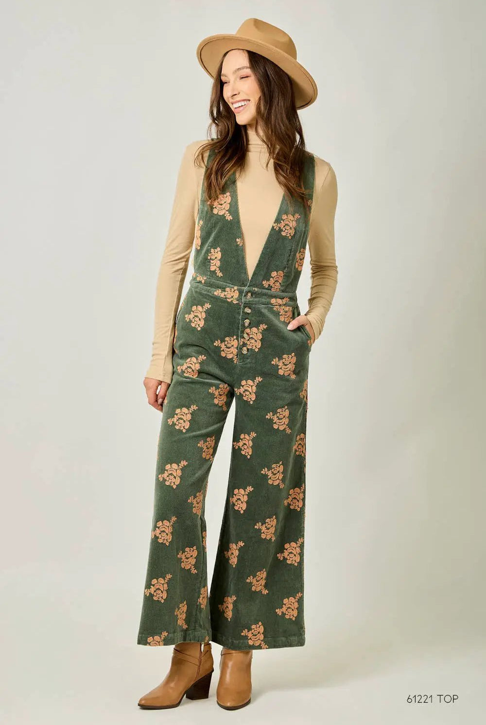 Mystree The Golden Grove Embroidered Corduroy Jumpsuit – Vintage Olive - One-Pieces