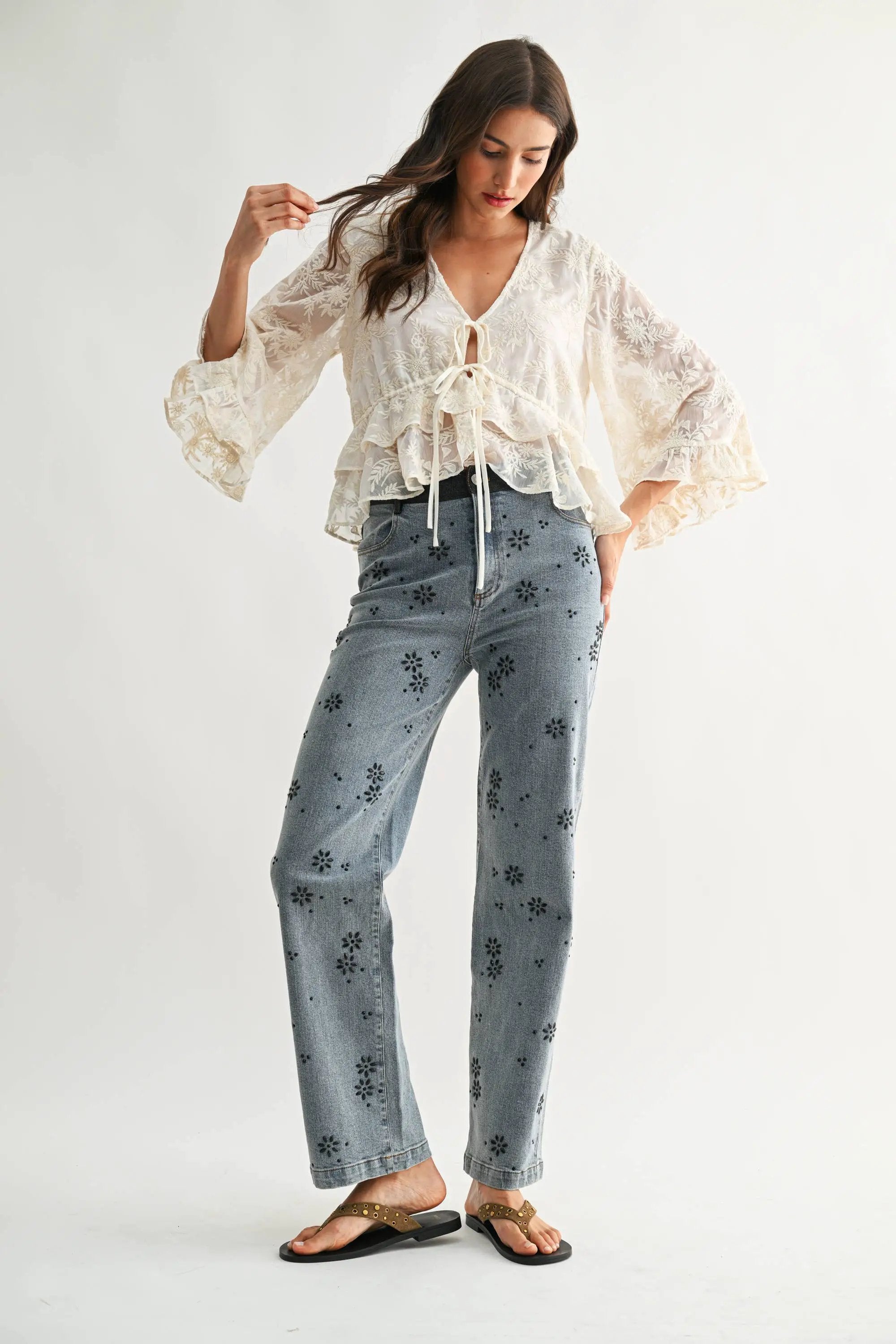 Camellia The Boho Embroidered Sheer Flowy Bell Sleeve Blouse: CREAM - Blouses
