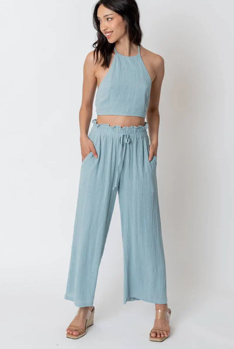 En Crème En Crème Light Blue Cropped Halter Top and Pants Set - Outfit Sets cropped halter top and pants set