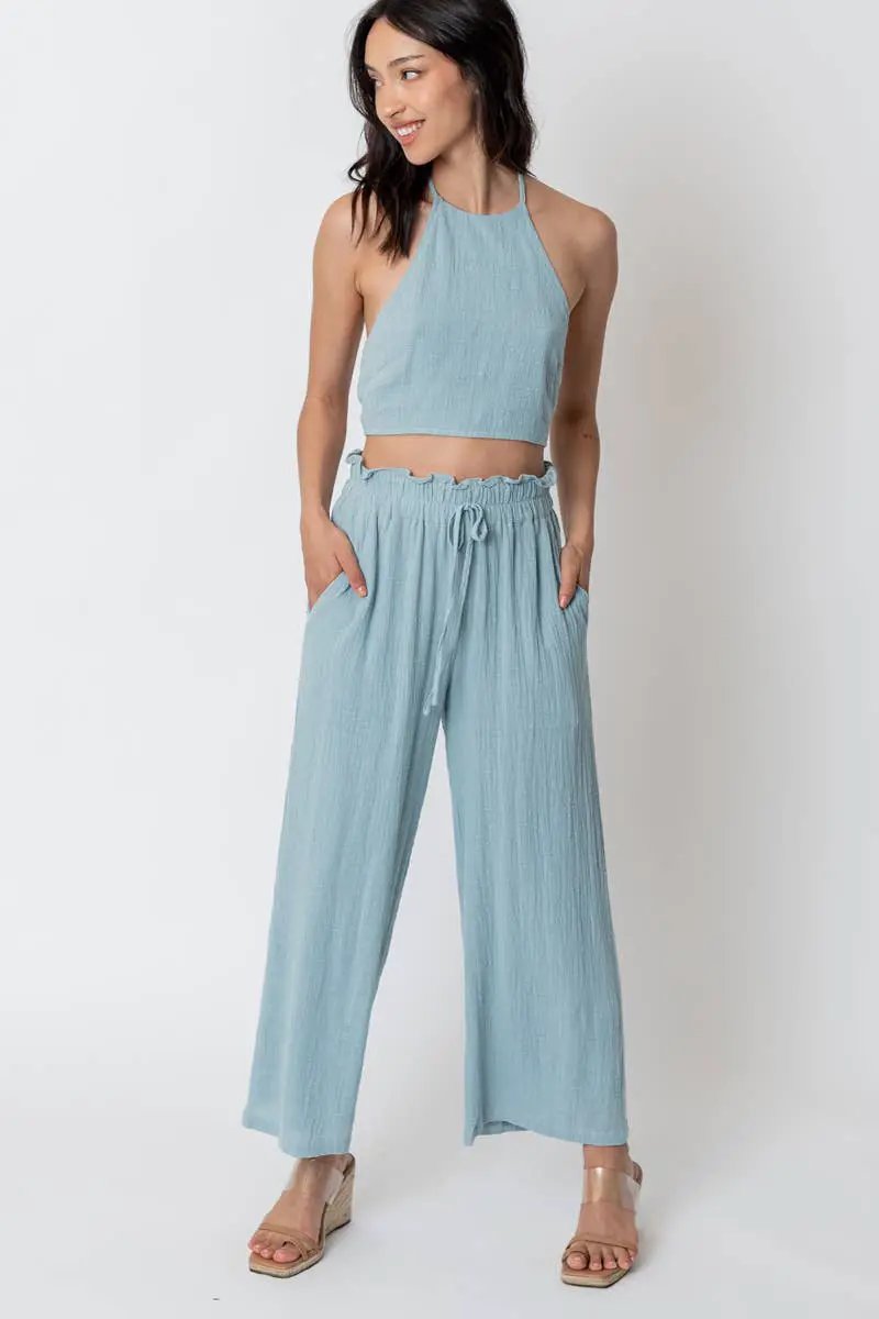 En Crème En Crème Light Blue Cropped Halter Top and Pants Set - Outfit Sets cropped halter top and pants set