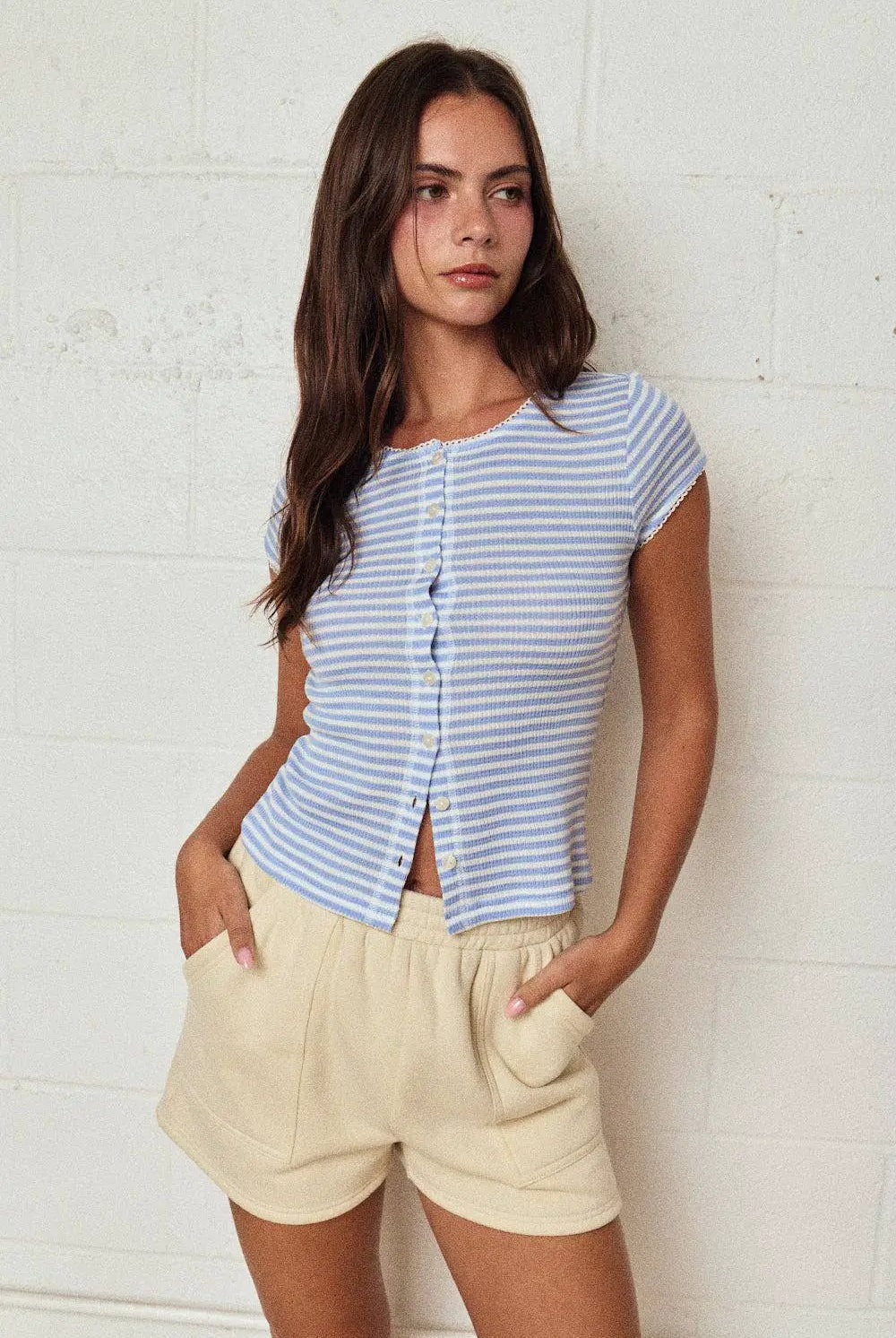 Papermoon Striped Ribbed Button Front Top: Blue/White - Clothing Tops
