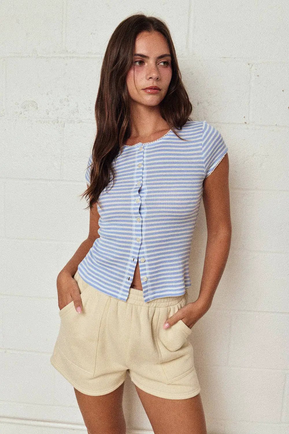 Papermoon Striped Ribbed Button Front Top: Blue/White - Clothing Tops