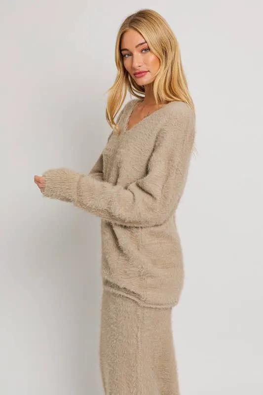 Le Lis Ballon Sleeve V-Neck Fuzzy Sweater - Matching Skirt Available - Sweaters